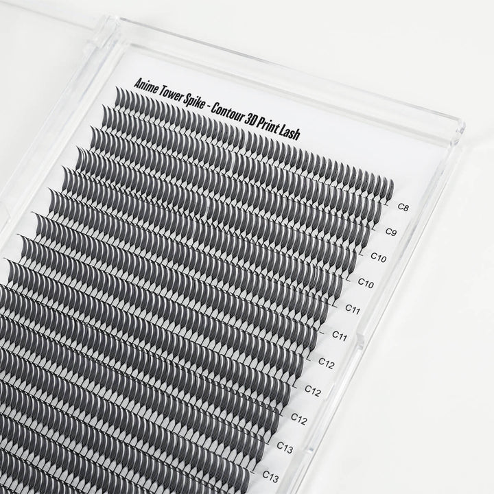 Anime Needle Spike contour print lash trays, C8-C13 lengths, sharp fine spikes.