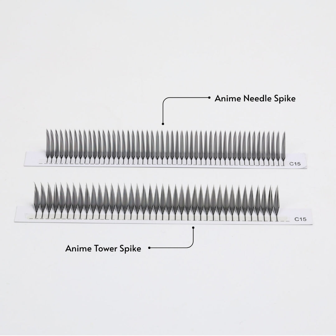 Ultra-slim Anime Needle Spike lashes compared to Anime Tower Spike lashes.