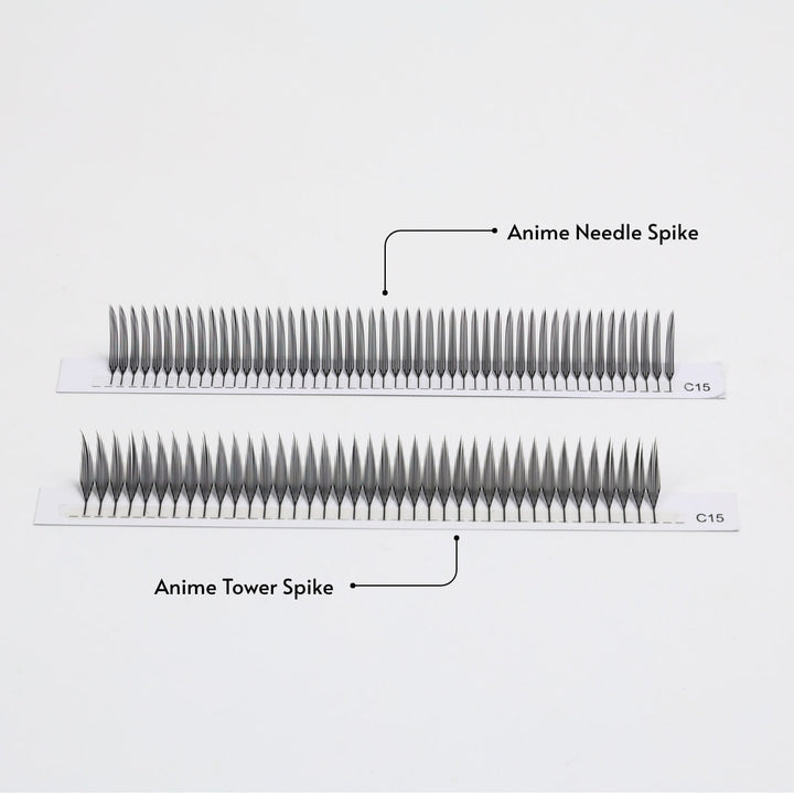 Ultra-slim Anime Needle Spike lashes compared to Anime Tower Spike lashes.