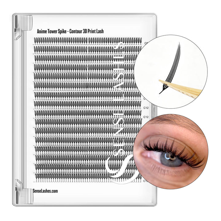 Anime Needle Spike lash extensions: tray with wispy spikes & applied textured eye look.