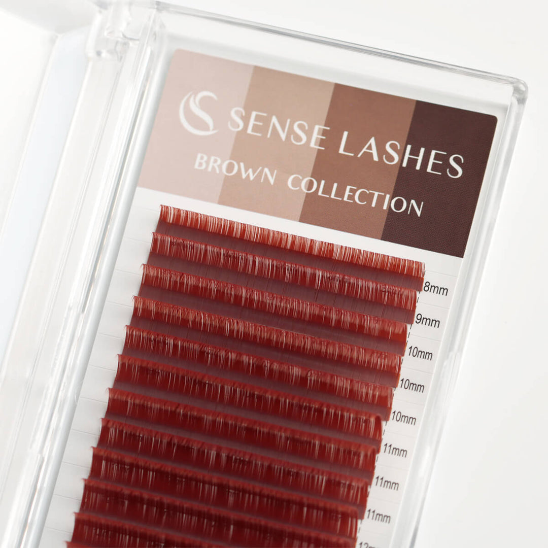 Chestnut Dark Cocoa Matte Brown Lashes in a tray labeled 'Sense Lashes Brown Collection' with lengths marked 8mm to 11mm.