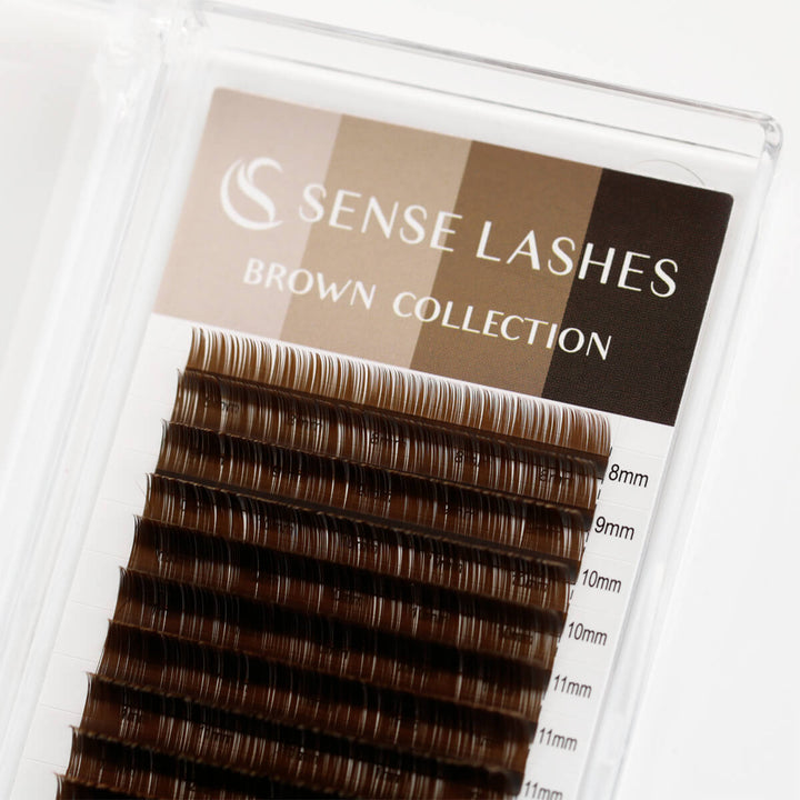 SenseLashes Brown Volume Eyelash Extensions, various lengths, professional lash product, cruelty-free, easy fanning lashes.