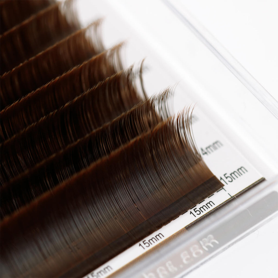 SenseLashes 0.07mm Brown Volume Eyelash Extensions in clear case, various lengths. For natural volume, cruelty-free.