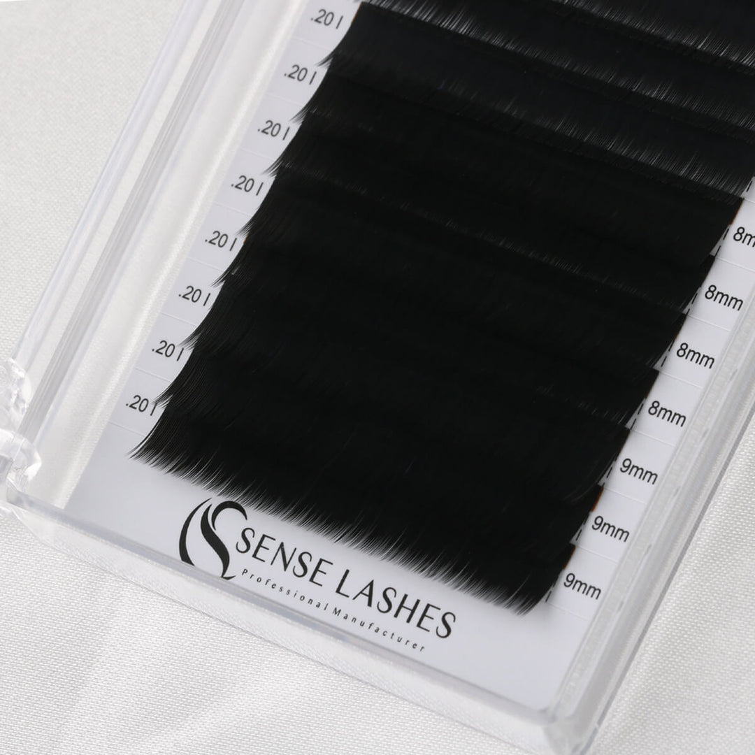 Professional Bottom Lash Extensions by Sense Lashes: Deep black, matte finish lashes with length indicators for precise application.