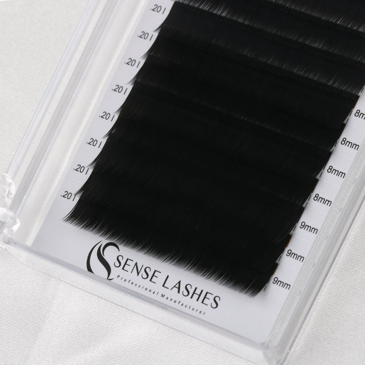 Professional Bottom Lash Extensions by Sense Lashes: Deep black, matte finish lashes with length indicators for precise application.