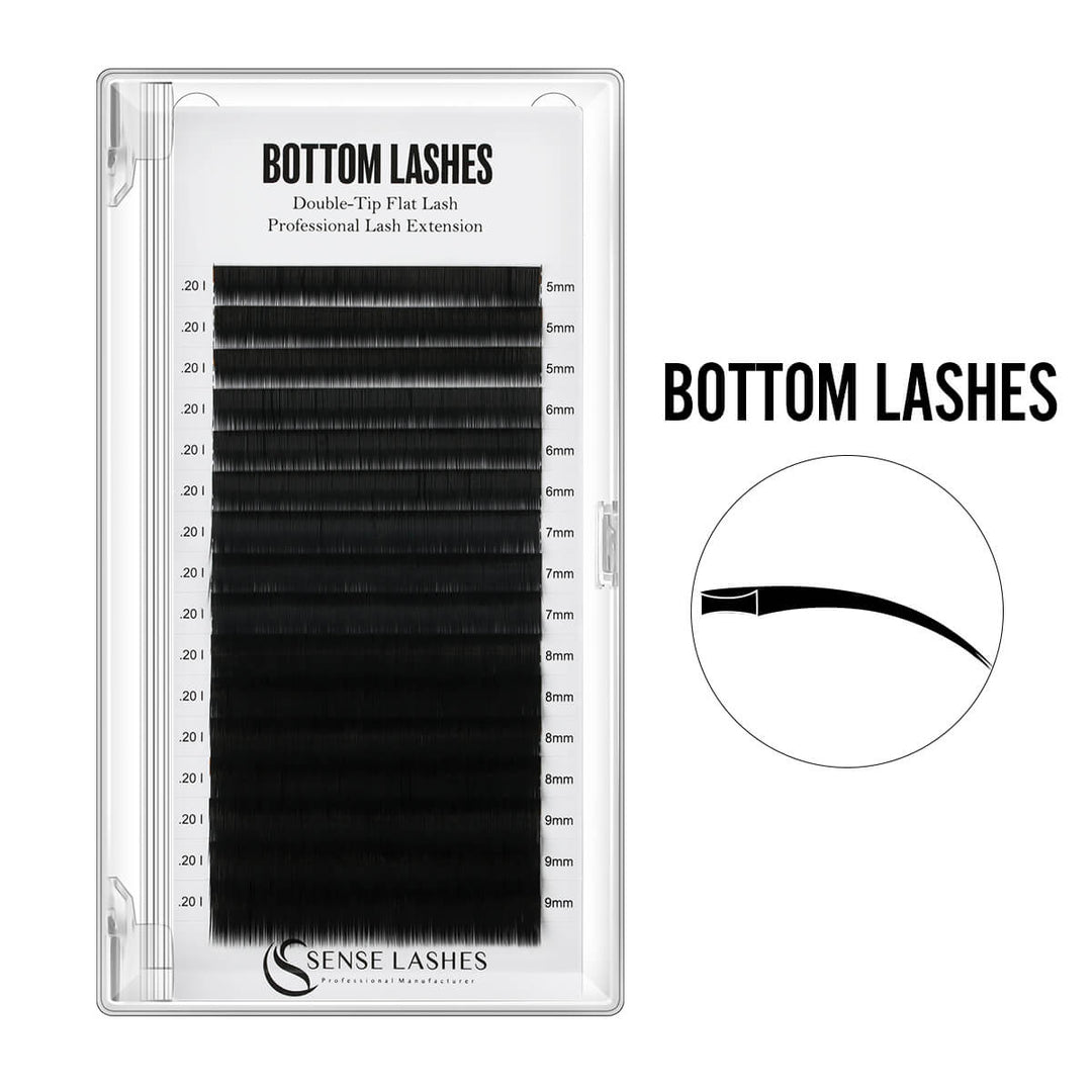 Professional Bottom Lash Extensions by Sense Lashes: I-Curl, flat base, split-tip faux mink for natural.