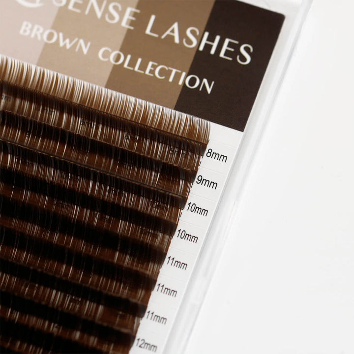 SenseLashes 0.07mm Brown Volume Eyelash Extensions in clear case, various lengths. For natural volume, cruelty-free.