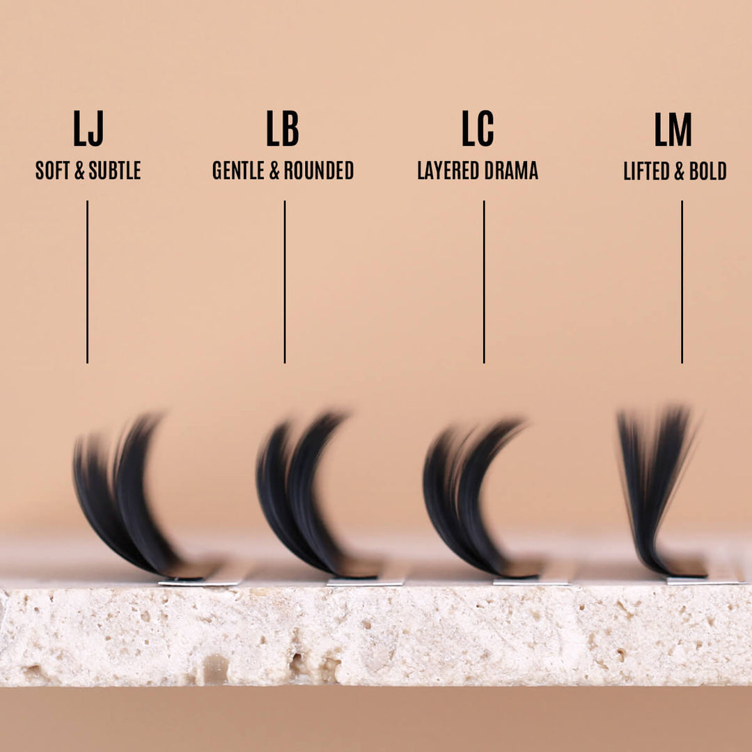 5D Camellia Lash Extensions featuring LJ, LB, LC, and LM curls for soft, rounded, dramatic, and bold lash styles.