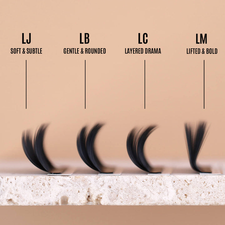 5D Camellia Lash Extensions featuring LJ, LB, LC, and LM curls for soft, rounded, dramatic, and bold lash styles.