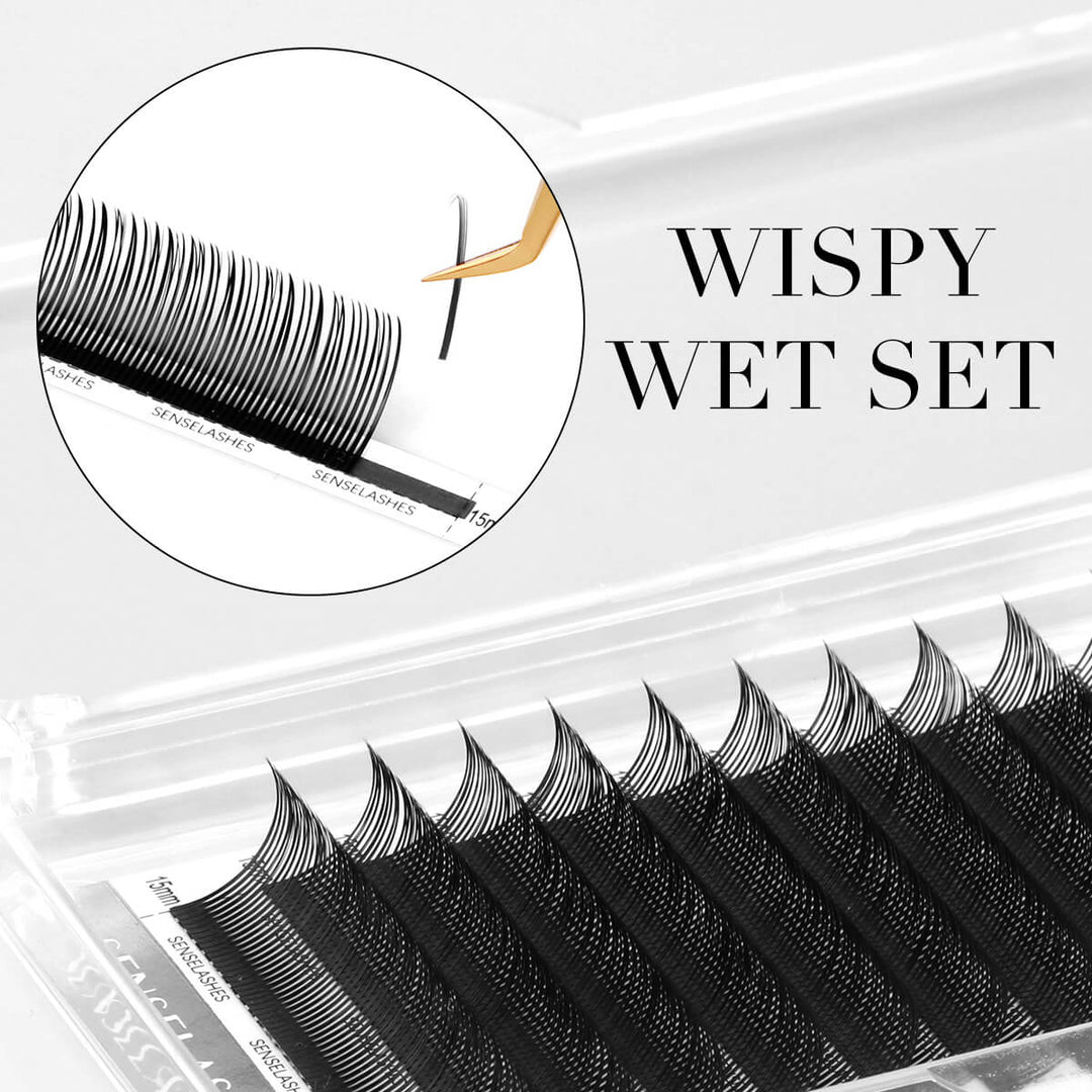Wispy Wet Set eyelash extensions by SENSELASHES, demonstrating 5D Camellia Wispy lashes 