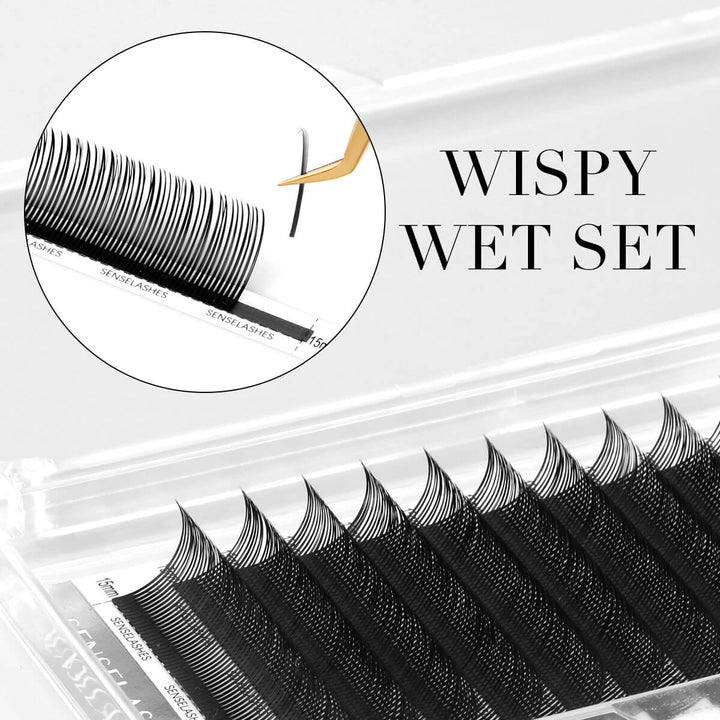 Wispy Wet Set eyelash extensions by SENSELASHES, demonstrating 5D Camellia Wispy lashes 