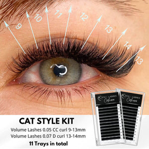 Cat eye lash extensions kit with 11 trays, 0.05 CC and 0.07 D curl