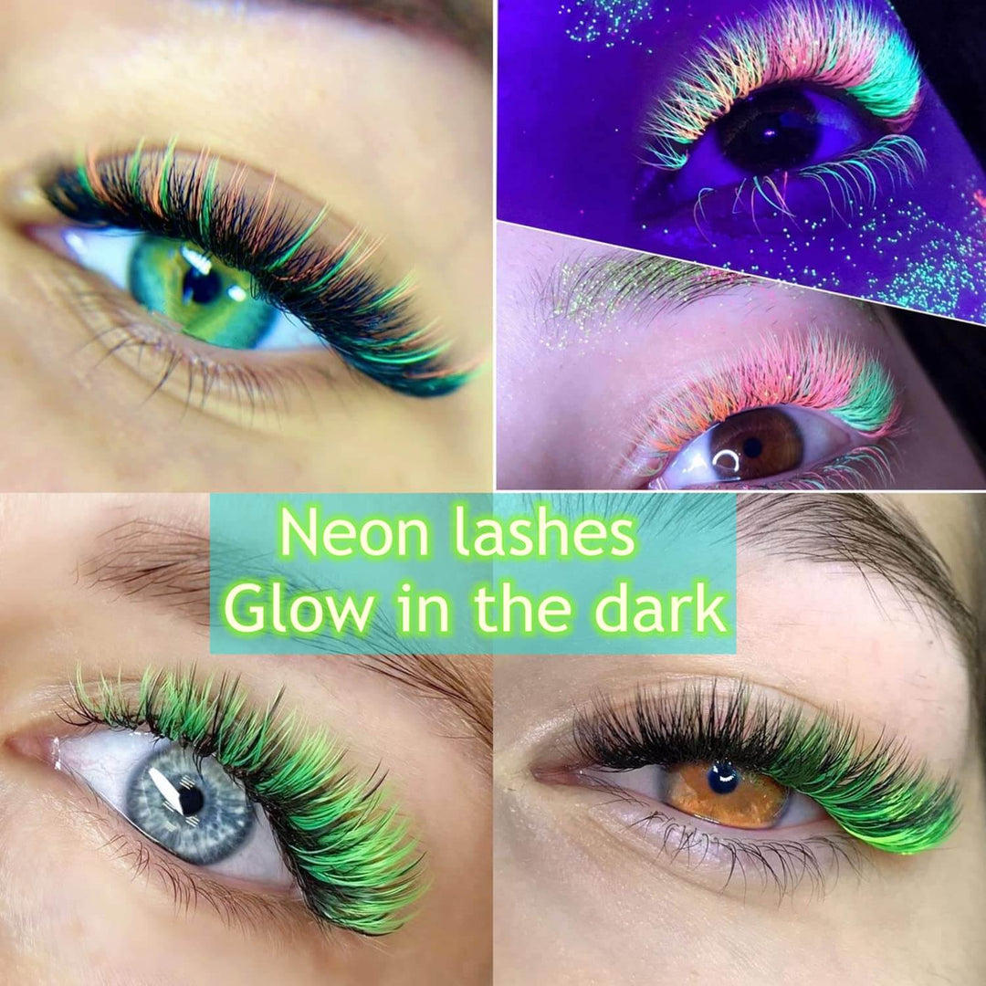 Neon lashes that glow in the dark, showcased on eyes with vibrant colors, perfect for a striking, luminous look.