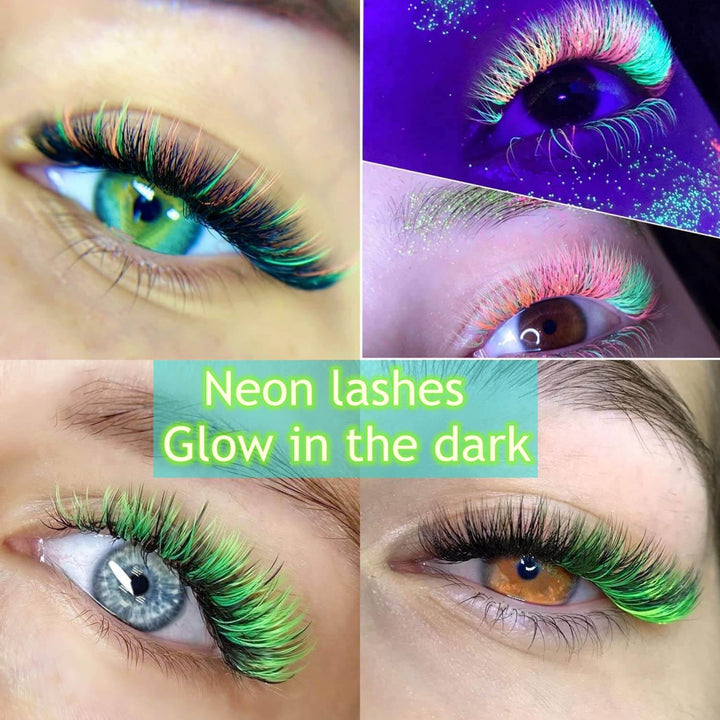 Neon lashes that glow in the dark, showcased on eyes with vibrant colors, perfect for a striking, luminous look.