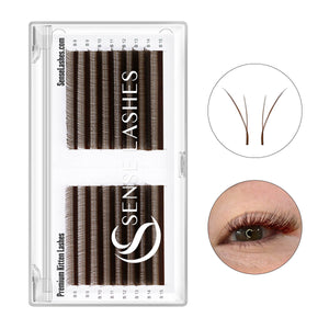 Dark brown YY kitten lashes tray with mixed lengths B8-B15 and eye application sample