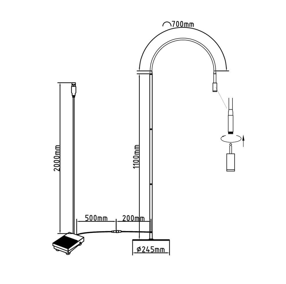 Sense Lashes Floor UV Lash Lamp - Technical Drawing with Dimensions