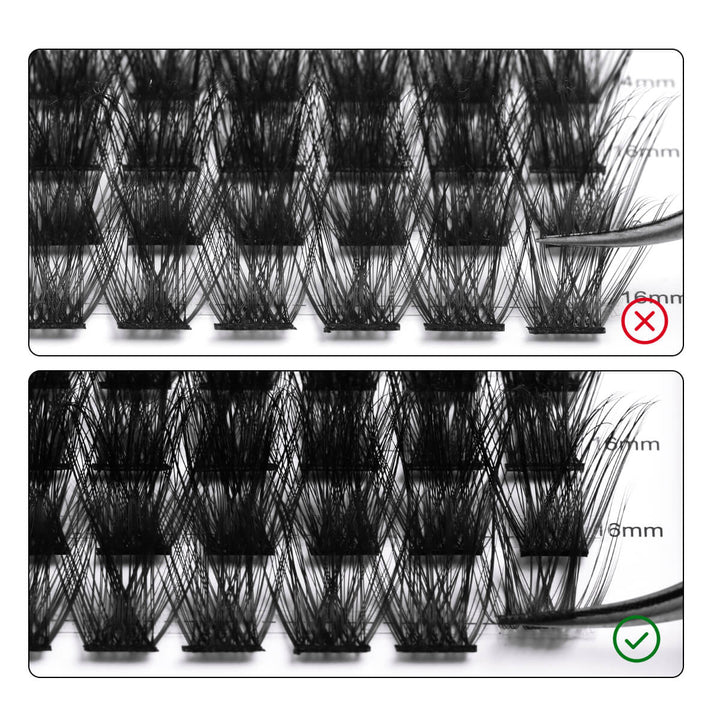 Individual cluster lash extensions comparison, correct and incorrect application 