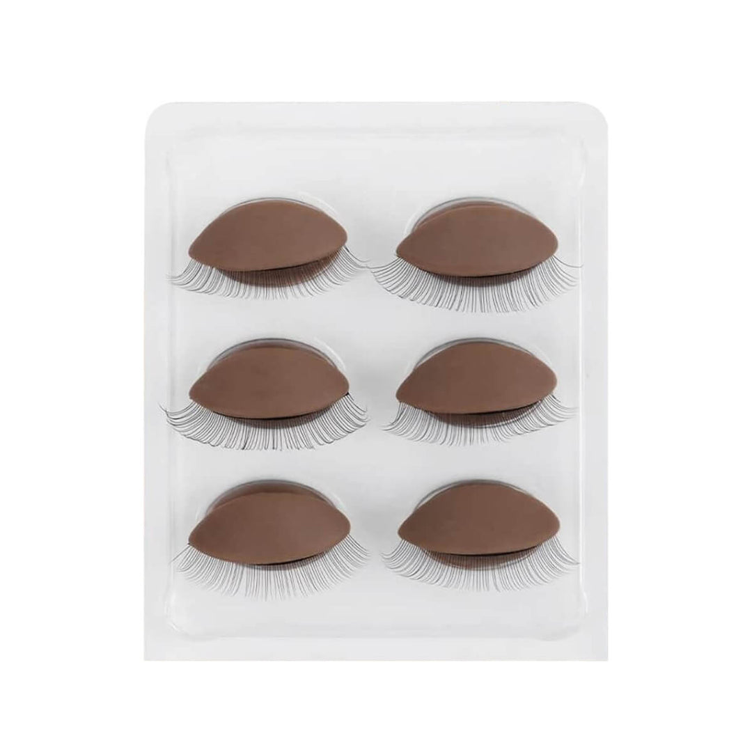 6 practice eyelids for eyelash extension training. Soft silica gel eyelids with black lashes, for salon use