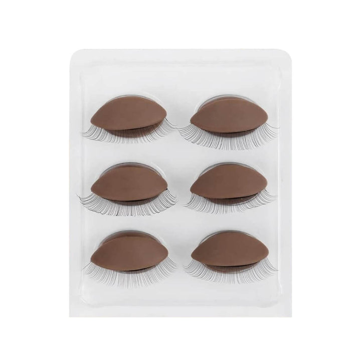 6 practice eyelids for eyelash extension training. Soft silica gel eyelids with black lashes, for salon use