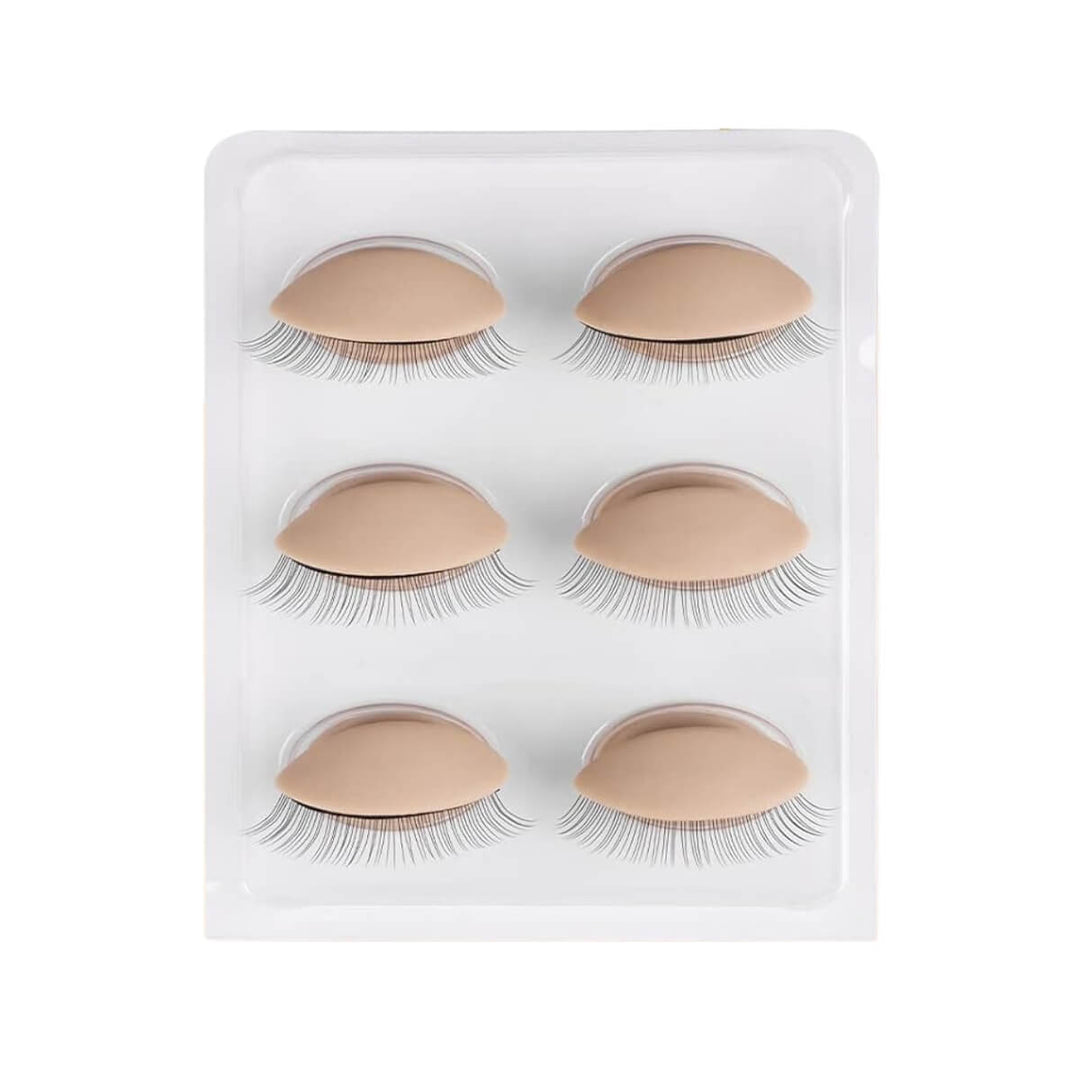 6 practice eyelids for eyelash extension training. Includes soft silica gel eyelids with black lashes.