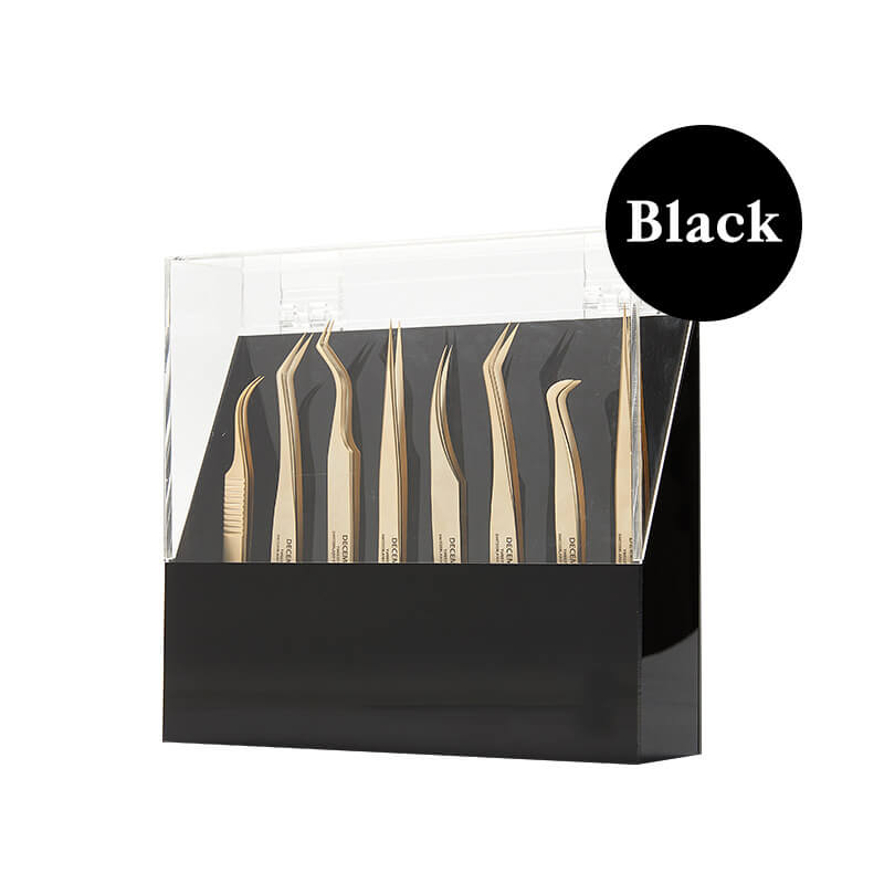 Eyelash tweezer storage stand, Black acrylic with gold tweezers 