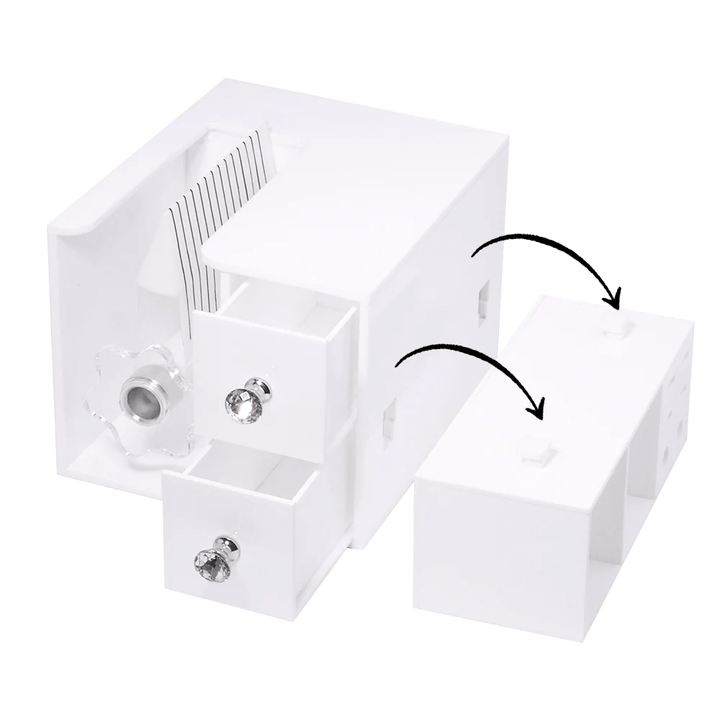SenseLashes fanning machine, white storage box with drawers and tweezer slots 