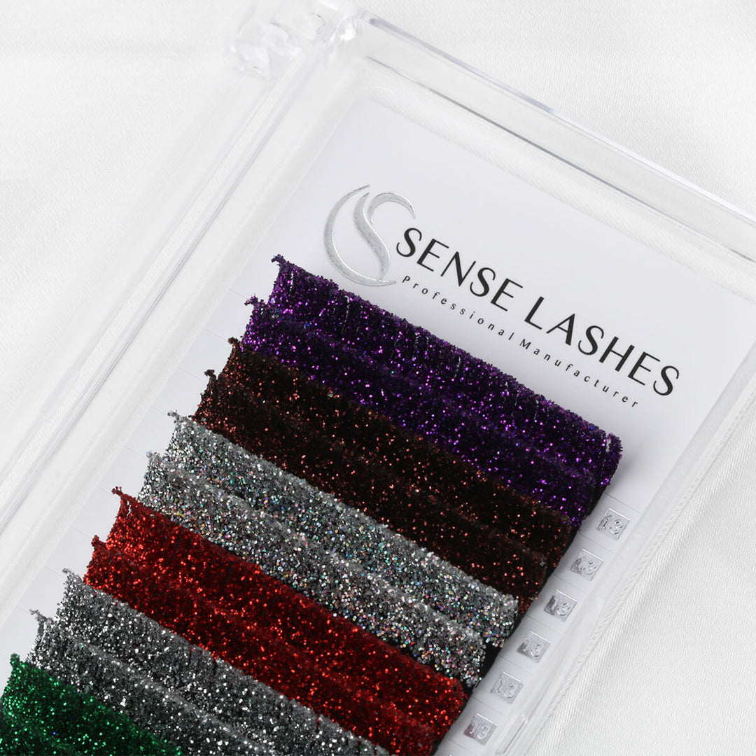 SENSELASHES glitter eyelash extensions in various colors 