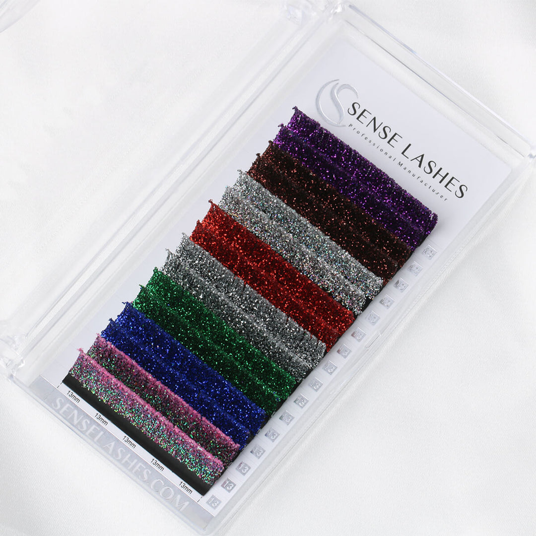 SENSELASHES glitter eyelash extensions in various colors 