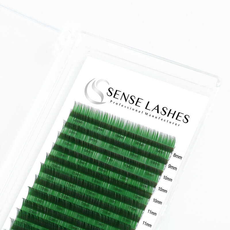 Green eyelash extensions by SENSELASHES in tray, 0.05mm diameter 