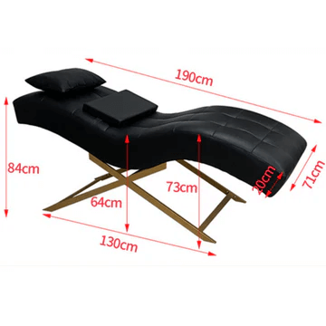 An image showing the measurements of a black leather chaise lounge with gold legs.