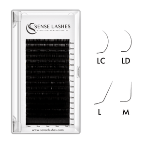 Lash extensions by Sense Lashes. L/M/LC/LD curl styles, professional grade. Eyelash extension product.