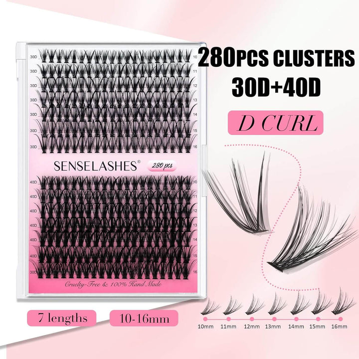 SENSELASHES lash clusters kit: 280pcs 30D+40D D Curl lashes, 7 lengths (10-16mm)