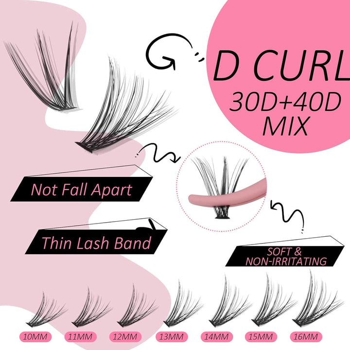 SENSELASHES Lash Clusters: D Curl, 30D+40D Mix, various lengths, soft and non-irritating.