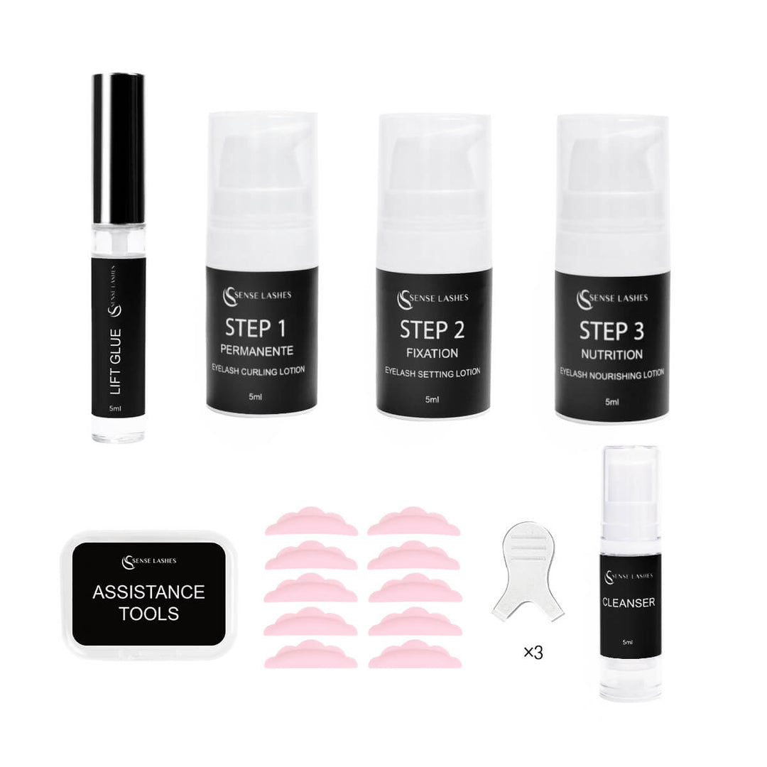 Korean Lash Lift Pro Kit featuring step lotions, glue, pink shields, and tools.