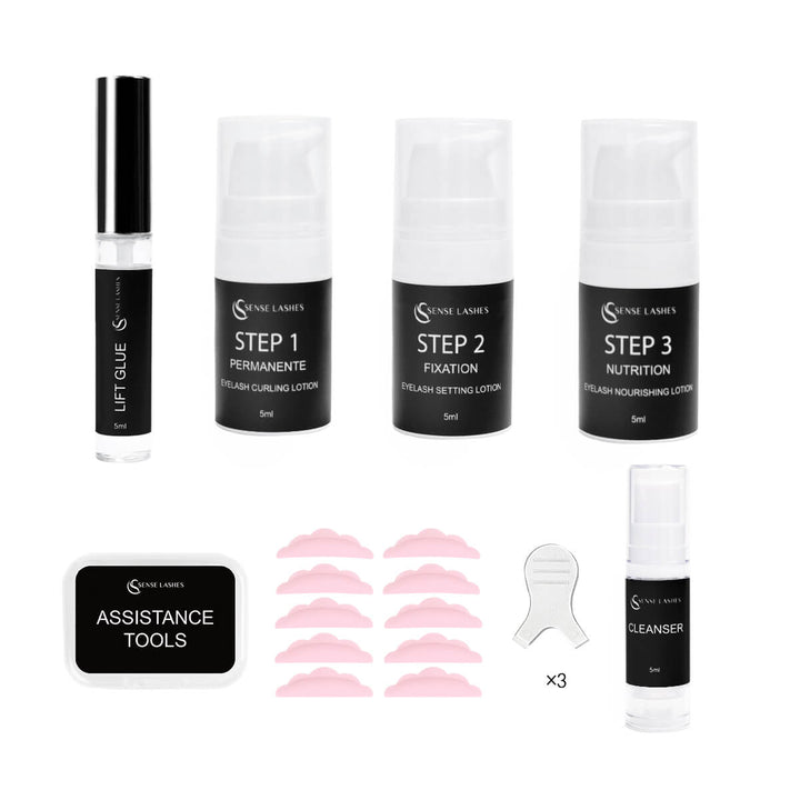 Korean Lash Lift Pro Kit featuring step lotions, glue, pink shields, and tools.