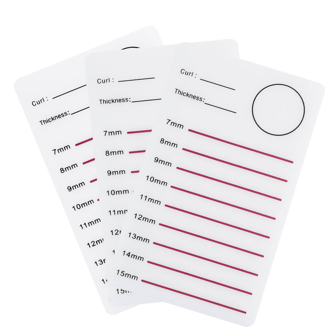Acrylic lash pallet tile with 7mm-15mm length guide, curl and thickness labels, pink lines