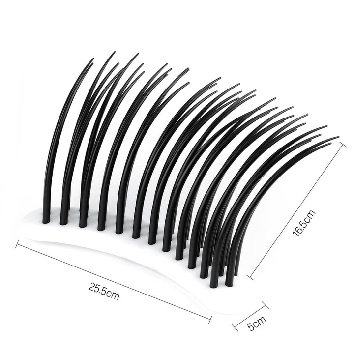 Lash extension demonstration prop with black lash fibers and measurements 