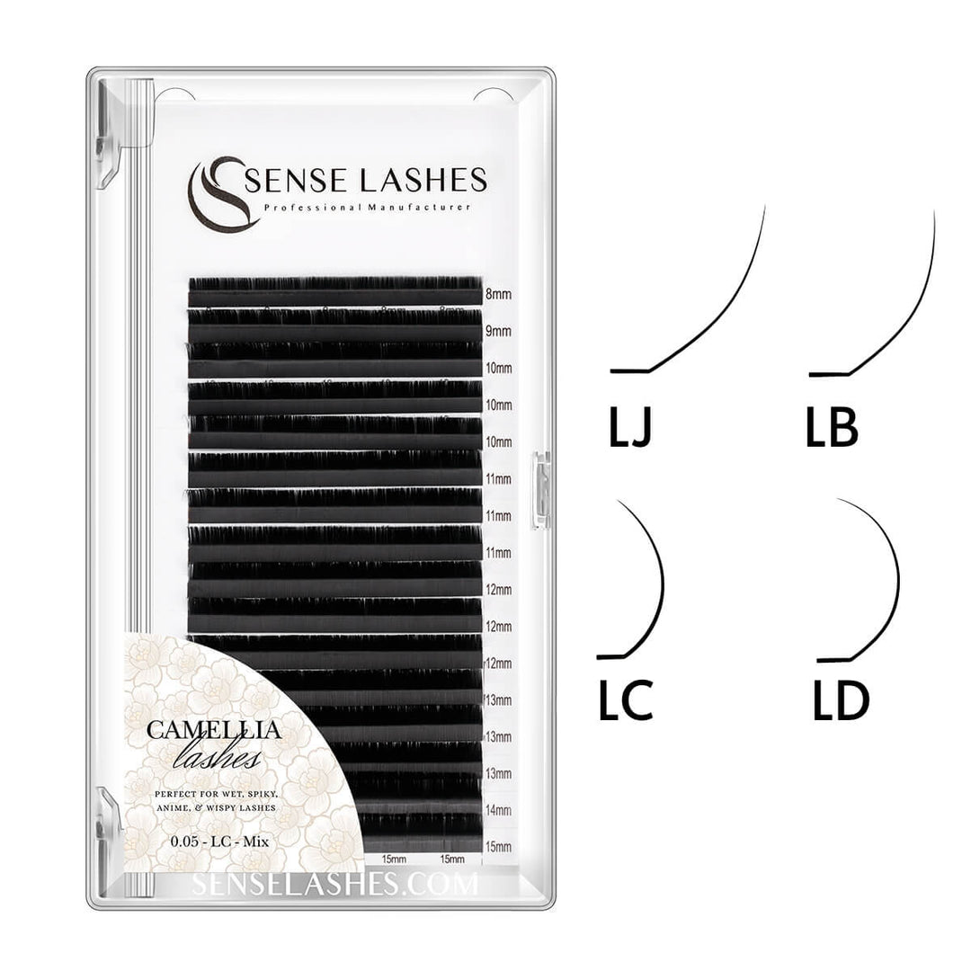 Sense Lashes Camellia volume lash extensions tray, 0.05mm LC curl, mixed lengths 8-15mm, for spiky, anime, & wispy styles.