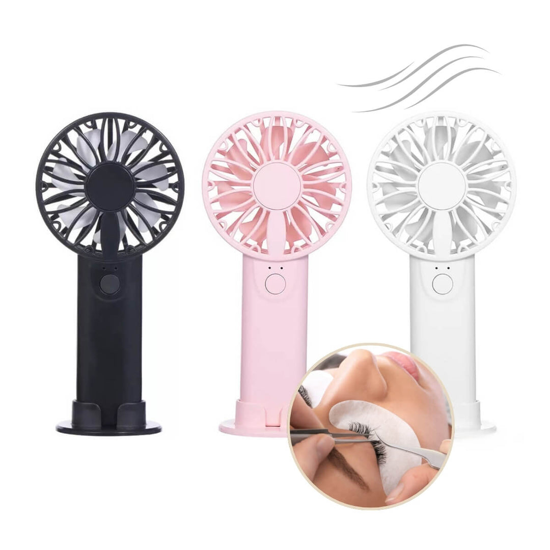 Mini Lash Fan in Black, Pink, and White, perfect for drying lash glue and removing fumes, salon essential.