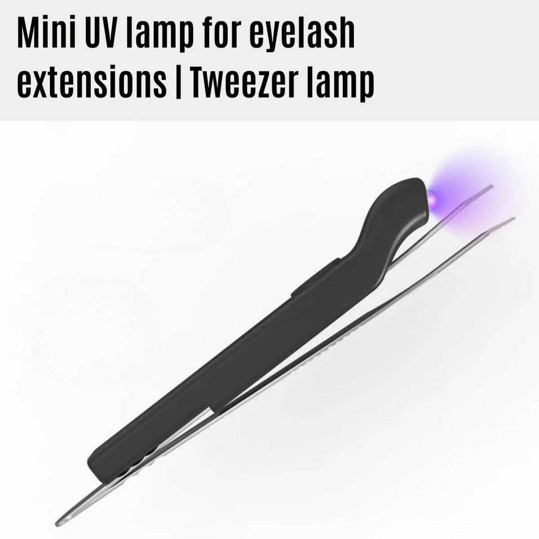 The Mini UV lamp for eyelash extensions, is designed with a sleek black handle.