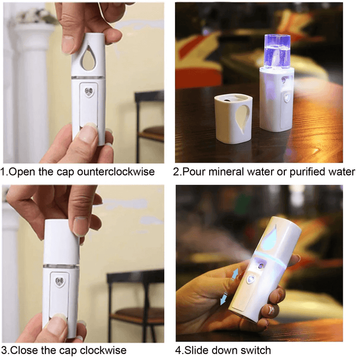 Steps to use Nano Mister for Eyelash Extensions: open cap, pour water, close cap, slide switch. 