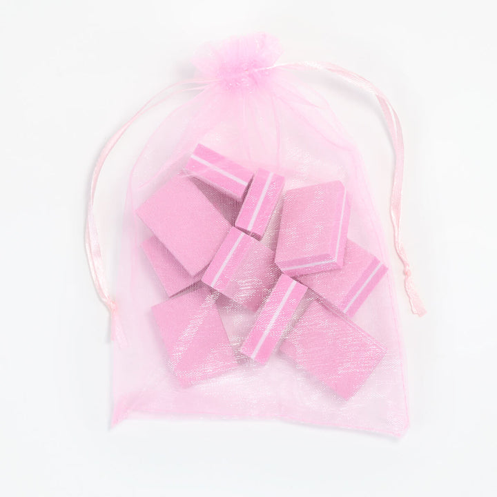 Pink mesh pouch with 10 quick-fix tweezer file strips for sharpening brow tweezers