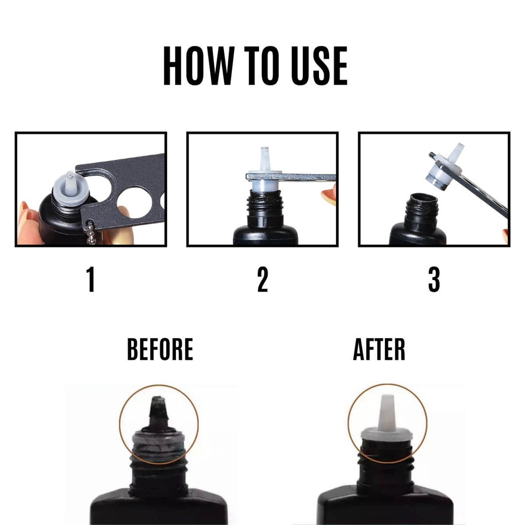 Replacement lash glue nozzle installation guide, white plastic, step-by-step for lash extension.