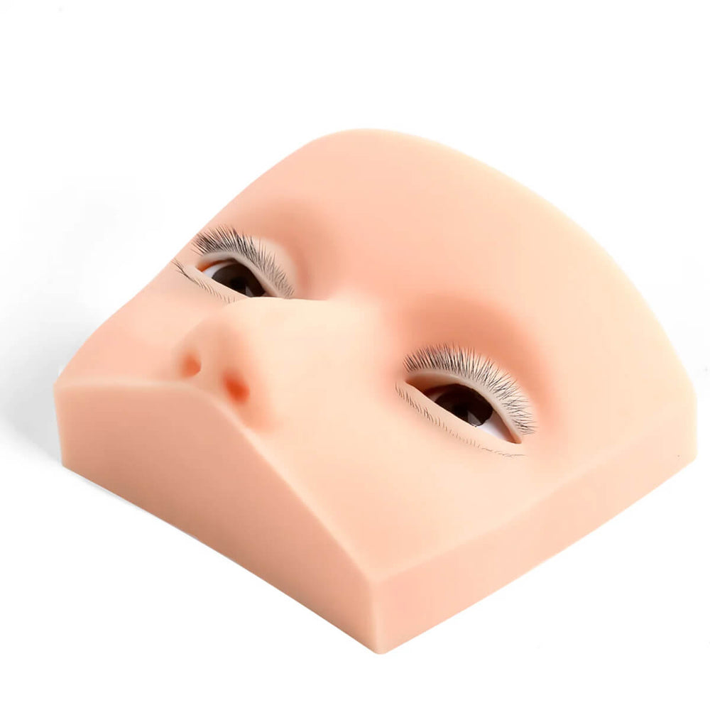 Soft silicone half mannequin head for eyelash extension training and practice.