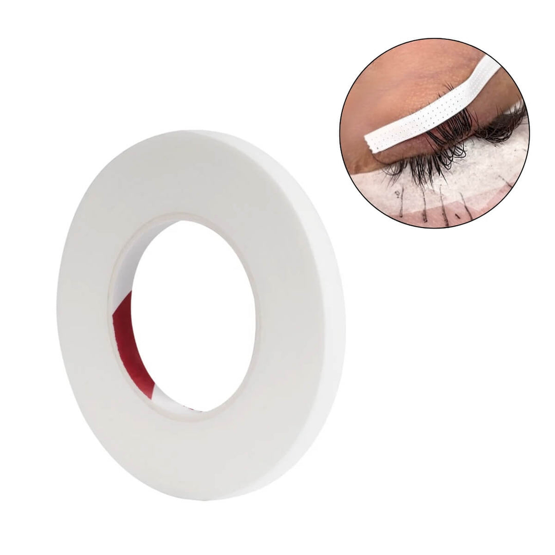 A roll of white adhesive tape with a close-up inset showing its use on an eyelid for lash extensions.