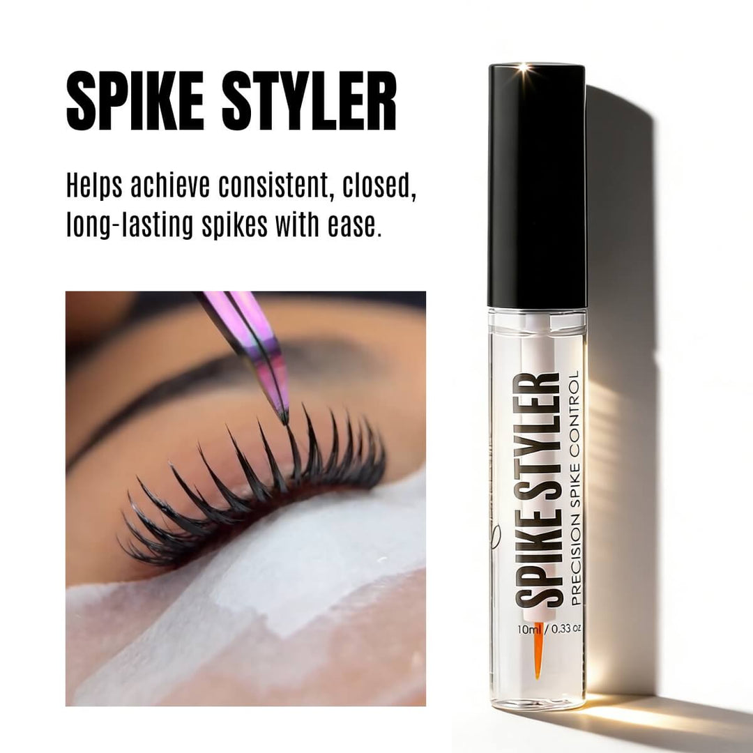 Spike Styler eyelash extensions tool by SENSELASHES shown with lashes being styled and product bottle.