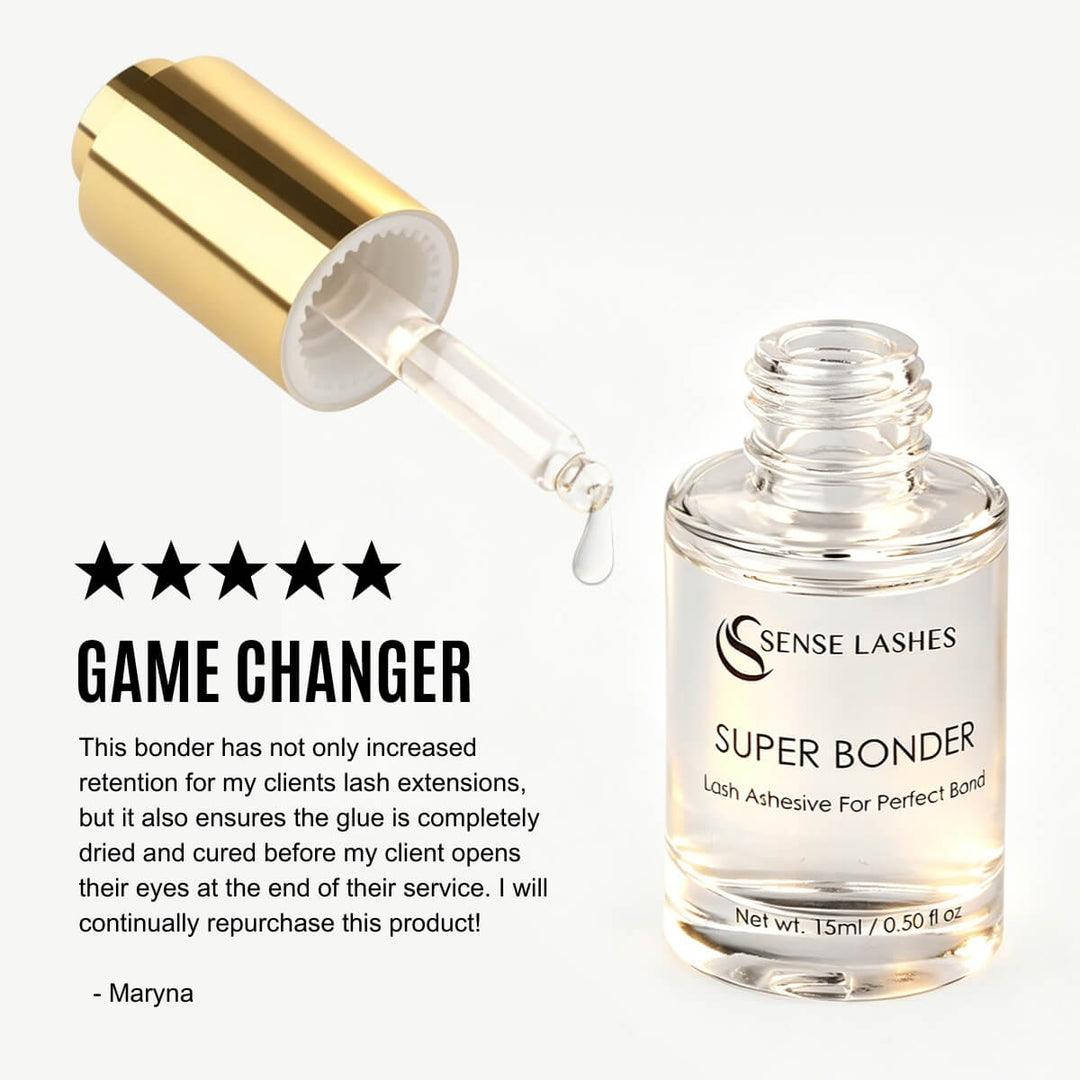 Super bonder for eyelash extensions with dropper and five-star customer review.