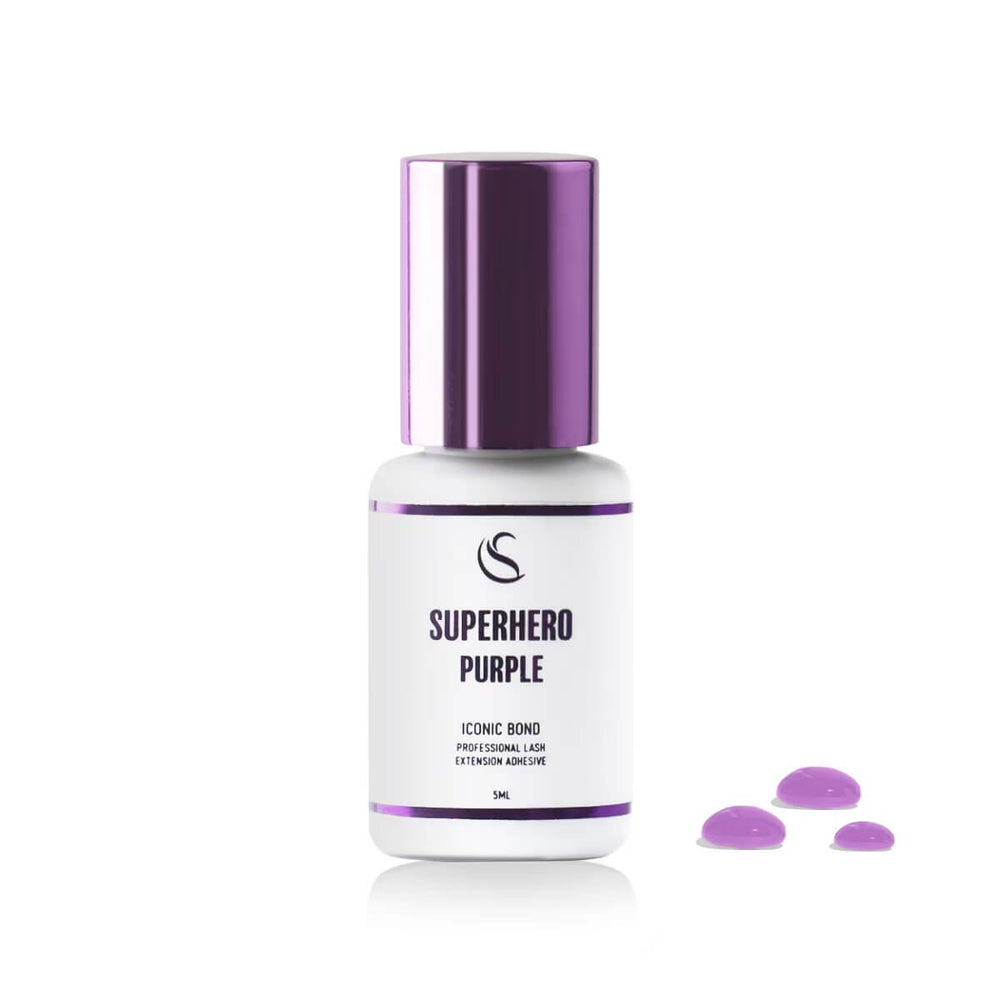 Superhero Purple Lash Adhesive for lash extensions. Iconic bond, purple tint for easy use, 8 weeks retention.