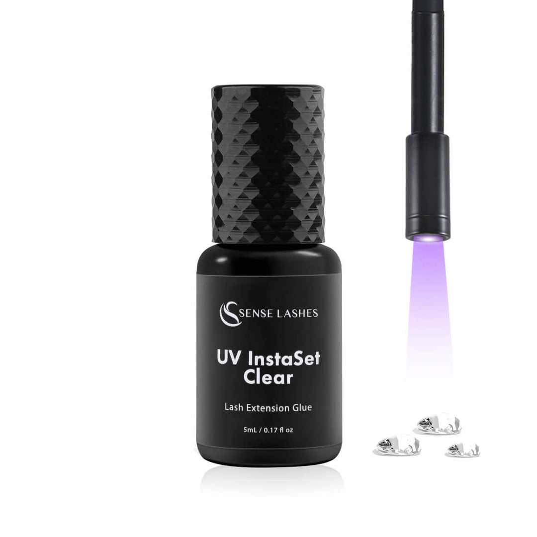 SenseLashes Lightning UV lash adhesive 5ml bottle with UV curing light