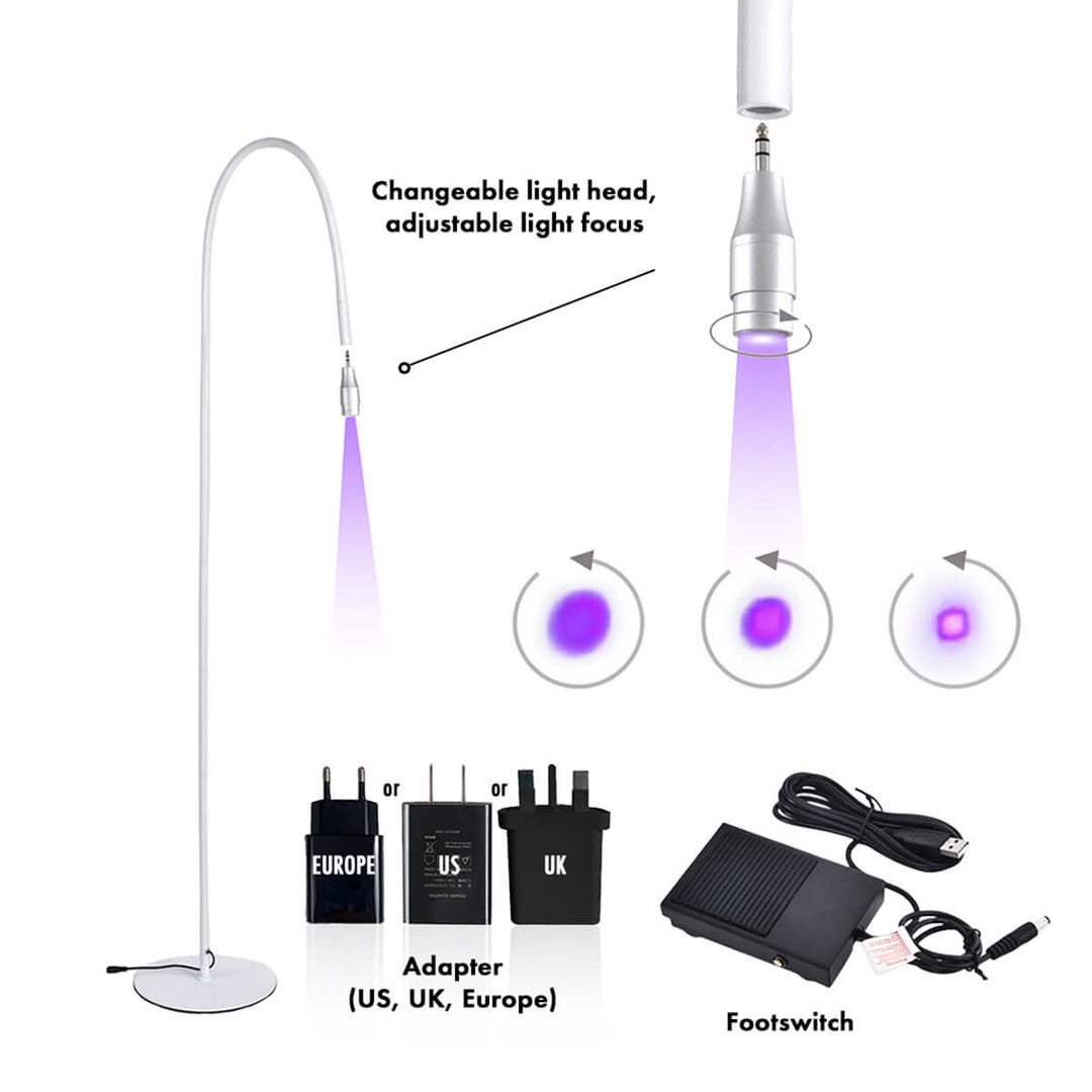 Sense Lashes UV Lash Lamp, adjustable focus, foot switch and interchangeable head
